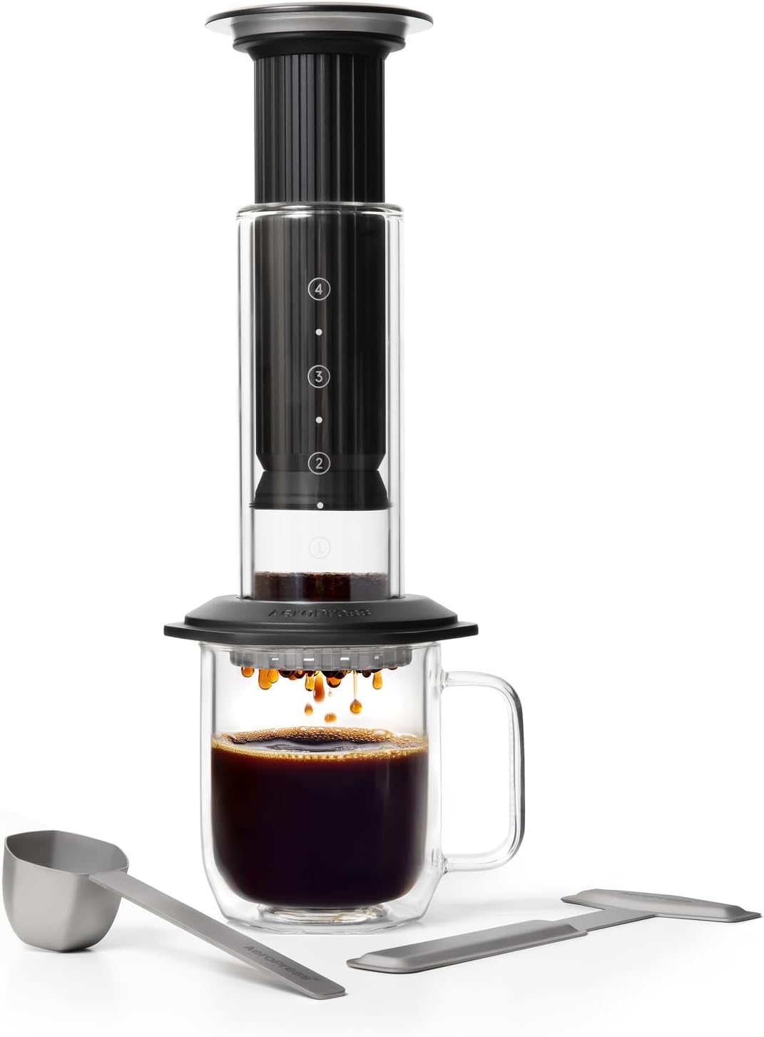 French Press Coffee & Tea - Premium-Kaffeepresse, Glas, Edelstahl & Aluminium, Schwarz