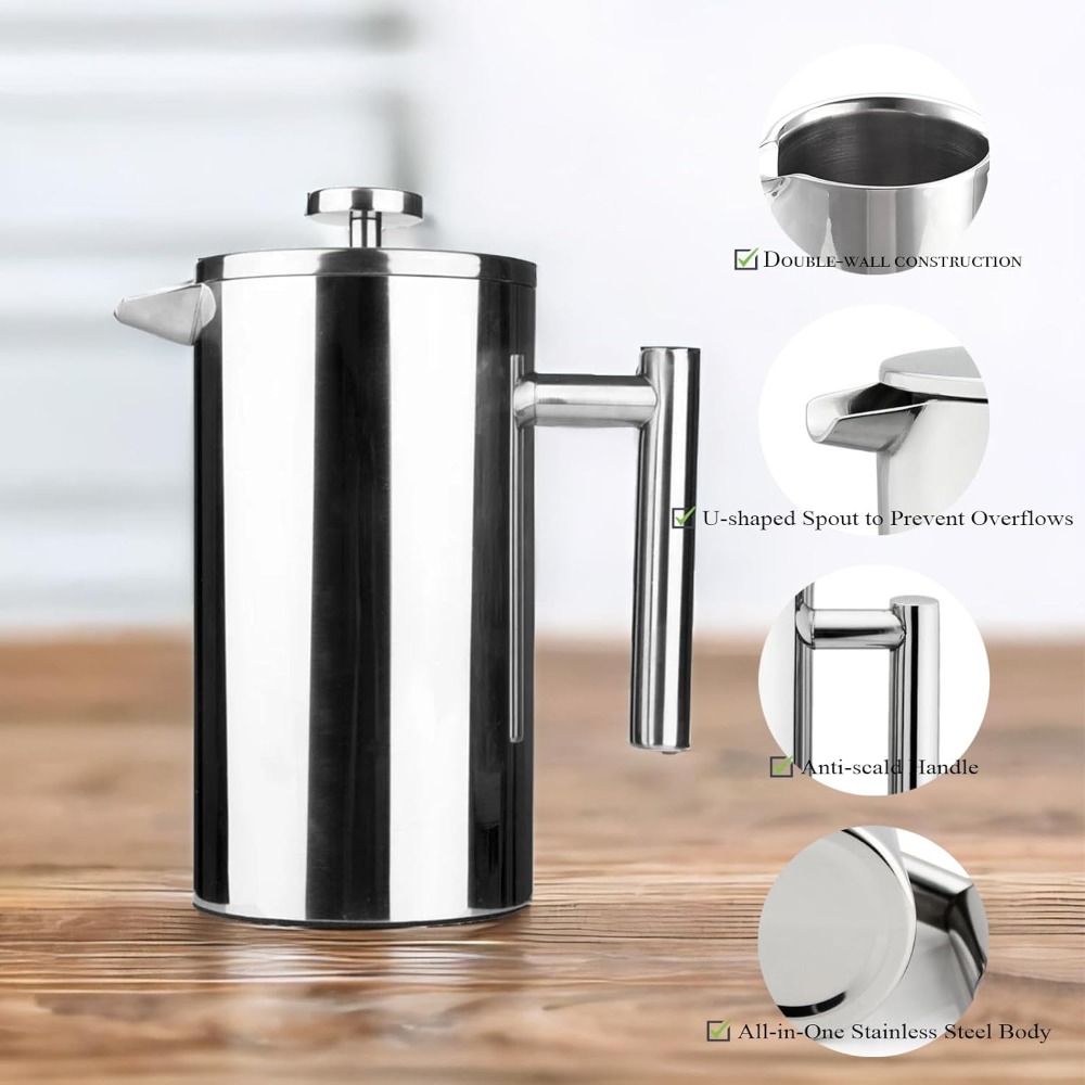 French Press Coffee & Tea - French-Press-Kaffeemaschine, 304 Edelstahl, doppelwandig isoliert, wärmeisolierend