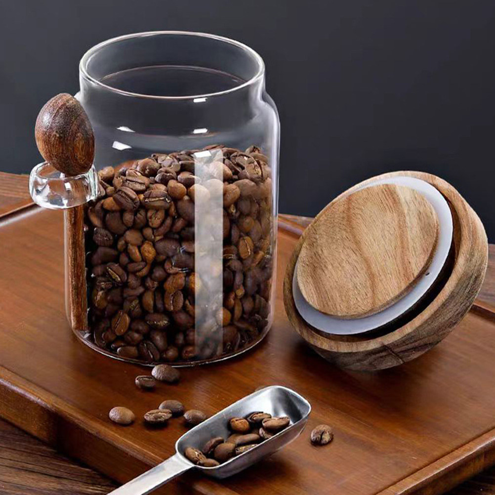 Coffee And Tea Glass - Transparenter Glas-Lebensmittelbehälter mit luftdichtem Holzdeckel, Kaffeedose,